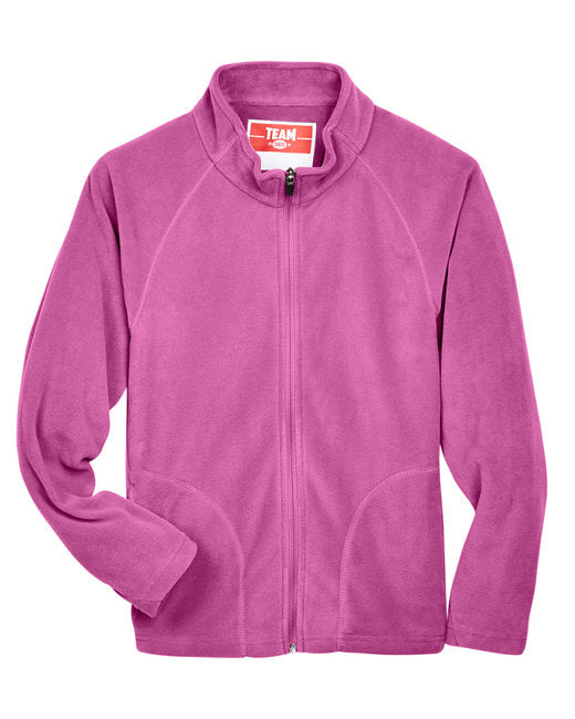 A pink youth fleece jacket with a zipper.
